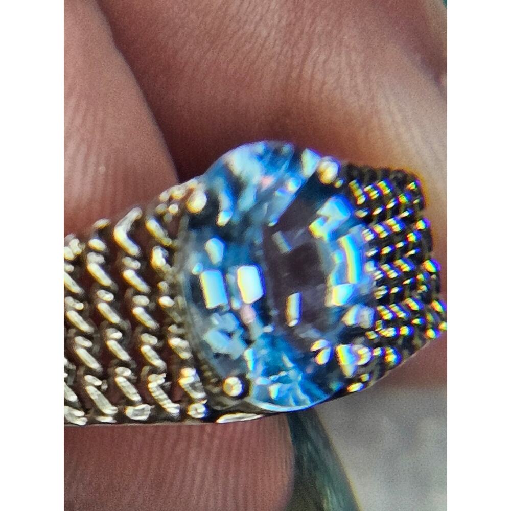 Sterling Silver Blue Topaz Ring Sz 8.5 925 CCC Signed Vintage Mesh Band Jewelry